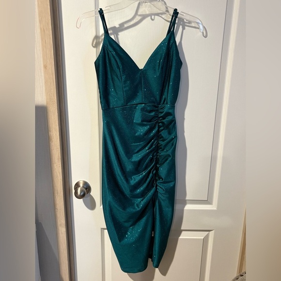 Honey and Rosie Dresses & Skirts - Honey and Rosie Sparkling Green Ruched Midi Dress